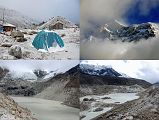 8 1 Snowed Overnight At Makalu Base Camp South, Makalu Early Morning, Barun Pokhari I woke at Makalu Base Camp South to a small layer of snow on the ground. Makalu once again played peak-a-boo through the clouds in the morning, with the sun shining on the South Face while the Southwest Face remained in shadow. I walked a few minutes from Base Camp South to view the Barun Pokhari beneath Makalu.